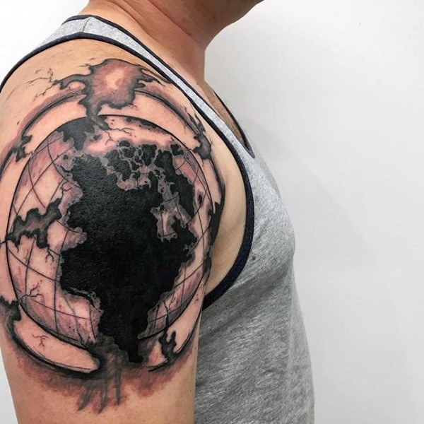 Black and gray style impressive looking shoulder tattoo of corrupted  globe