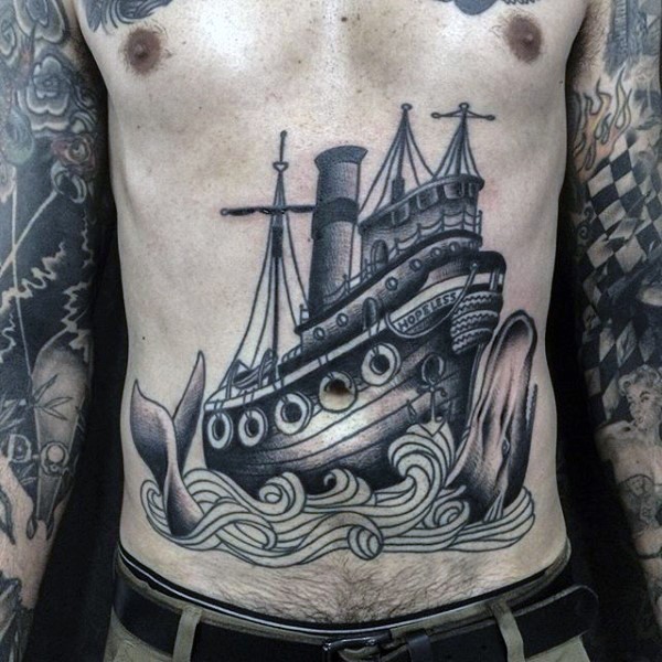 Black and gray style incredible looking chest tattoo of old ship and whale