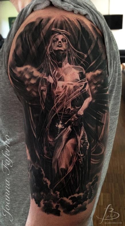 Black and gray style large shoulder tattoo of woman angel with wings