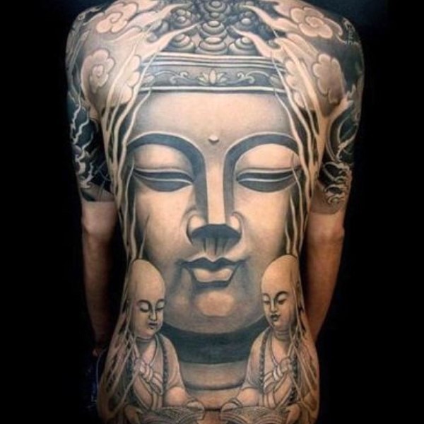 Black and gray style large whole back tattoo of Buddha statue