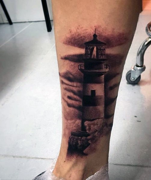 Black and gray style leg tattoo of typical old lighthouse