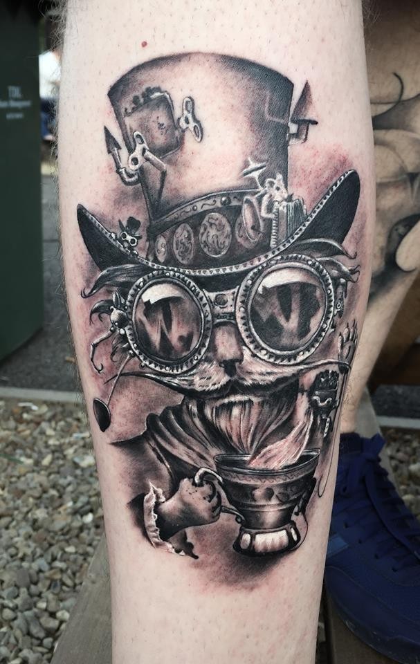 Black and gray style leg tattoo of mechanical cat in hat