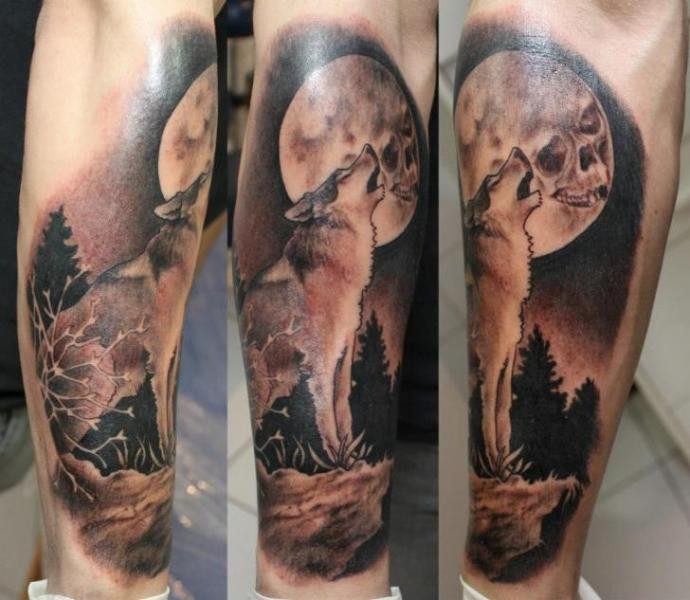 Black and gray style medium sized wolf tattoo with moon