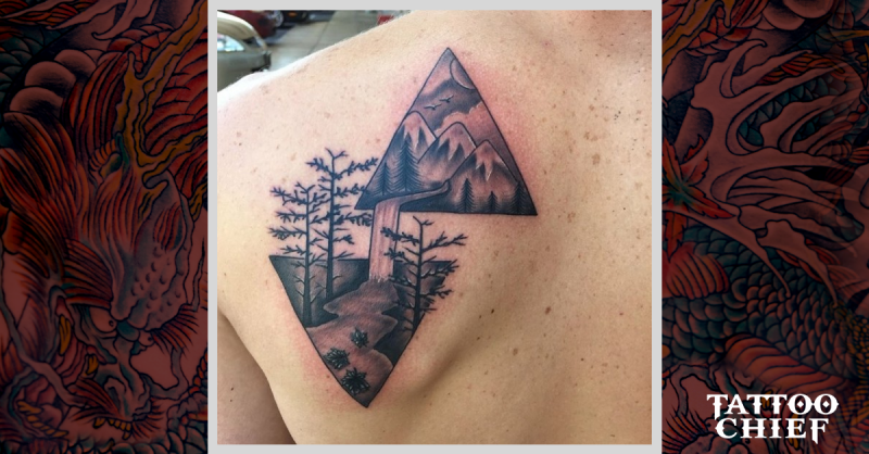 Black and gray style original designed mountain waterfall with fores tattoo of back