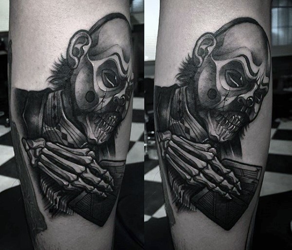 Black and gray style original looking leg tattoo of monster human skeleton