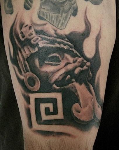 Black and gray style shoulder tattoo of antic stone statue