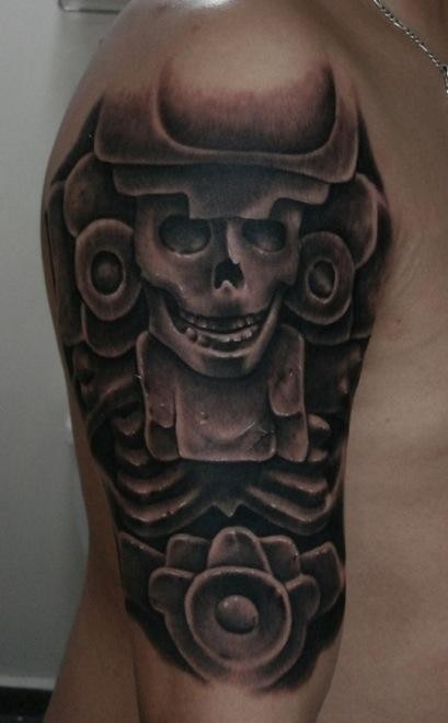 Black and gray style shoulder tattoo of ancient statue