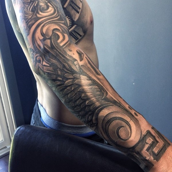 Black and gray style sleeve tattoo of ancient Gods wing
