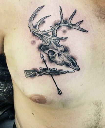 Black and gray style small deer skull with rifle and arrow