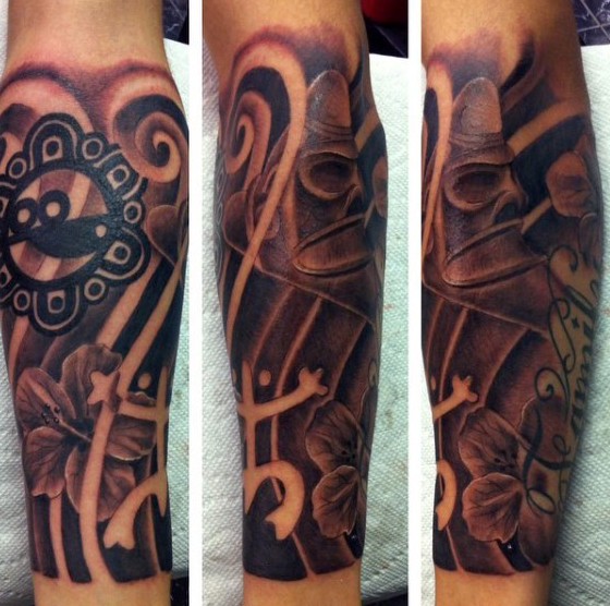 Black and gray style tattoo of ancient symbols and statues with flower