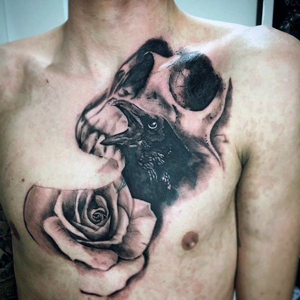 Black and gray style typical combined tattoo of skull with crow and rose