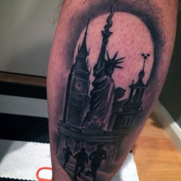 Black and gray style various world famous buildings tattoo