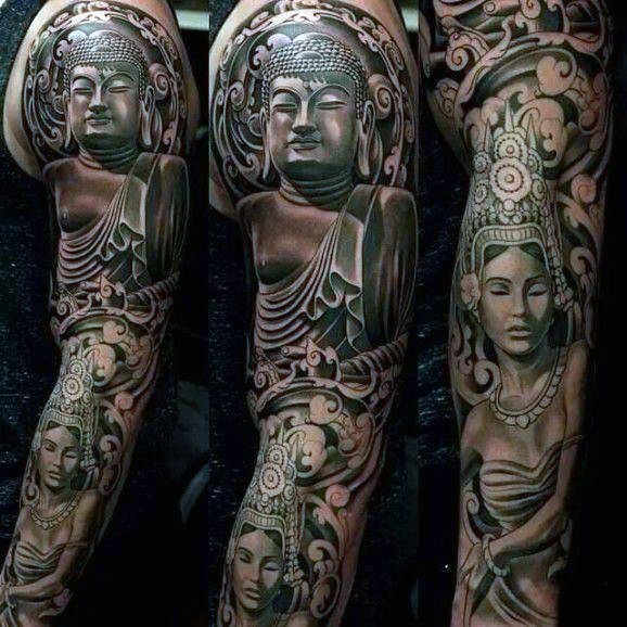 Black and gray style very detailed sleeve tattoo of Buddha and woman statues