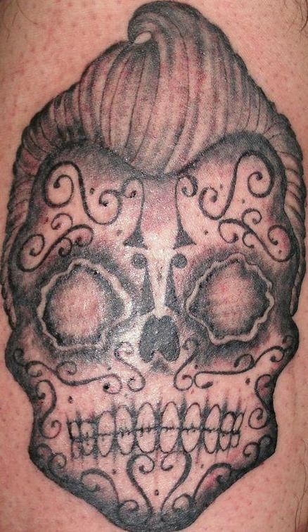Black and gray sugar skull with haircut tattoo