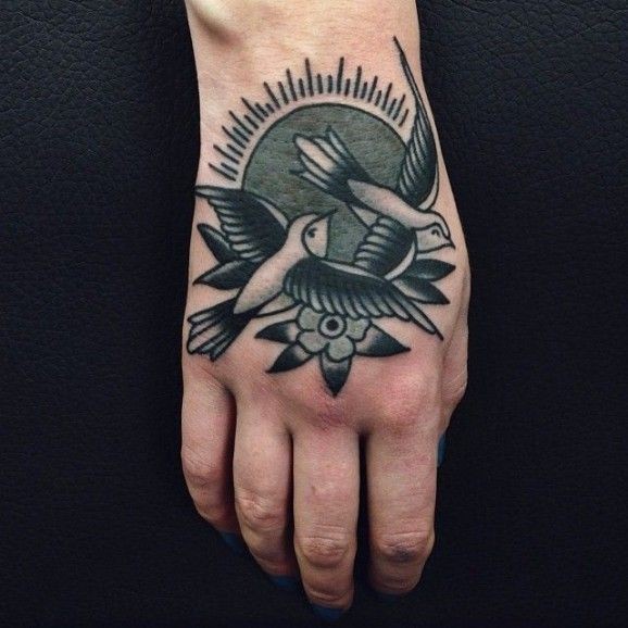 Black and gray swallows tattoo on wrist