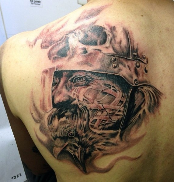 Black and grays tyle awesome looking scapular tattoo of creepy warrior
