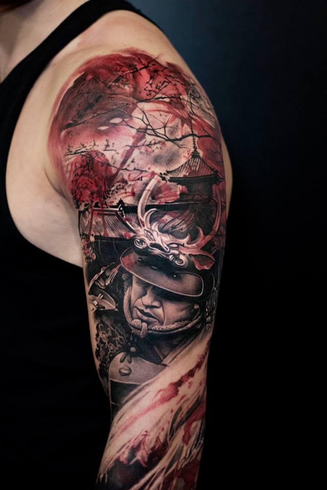 Black and red samurai tattoo on shoulder