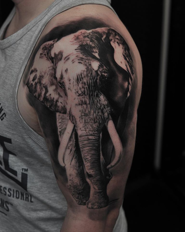 Black and whit elephant tattoo on shoulder