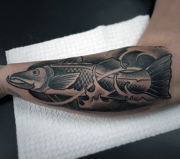 Black and white big fish in waves tattoo on arm