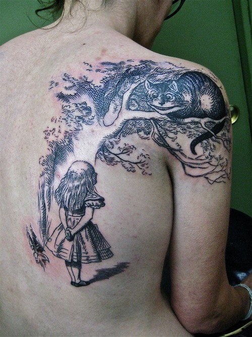 Black and white detailed fairy tale Alice in Wonderland tattoo on back