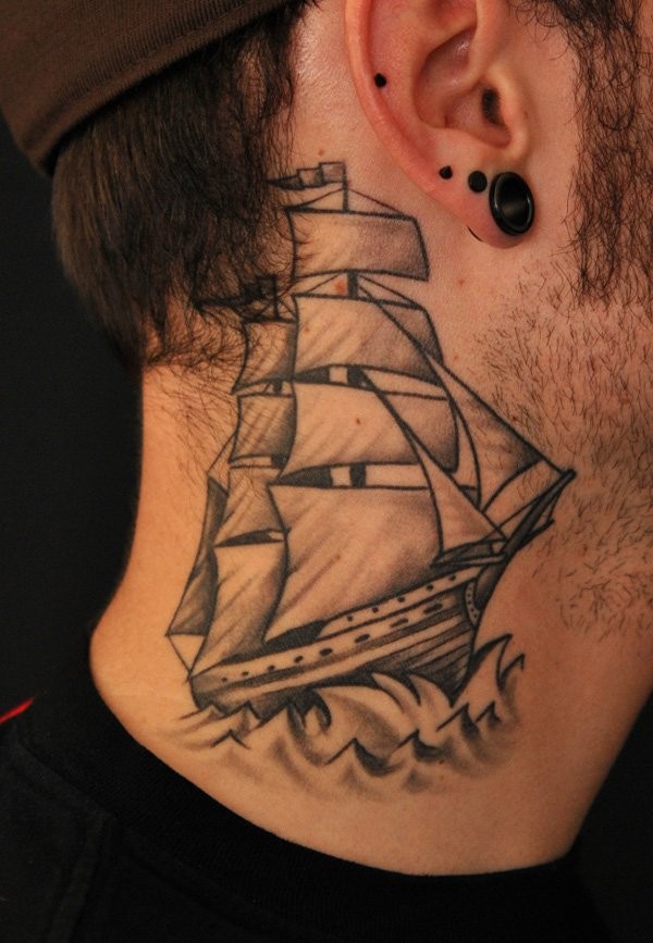 Black and white detailed sailor ship on water neck tattoo