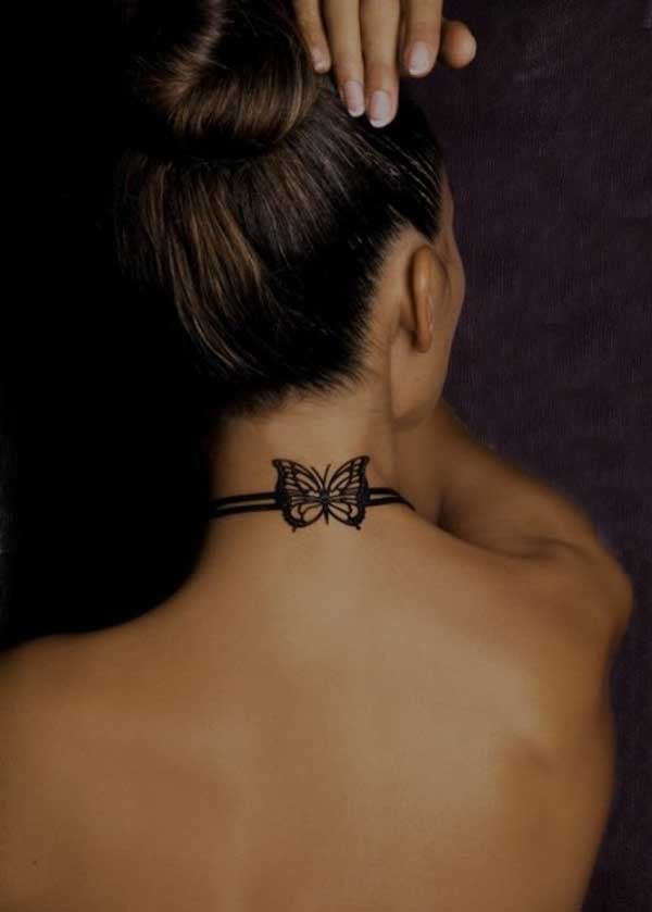 Black and white elegant butterfly tattoo on neck with black ink collar
