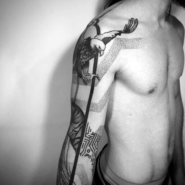 Black and white style large sleeve tattoo of eagle with lines