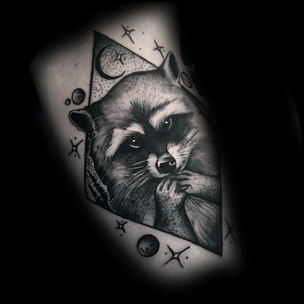 Black engraving style tattoo of raccoon with stars and planets