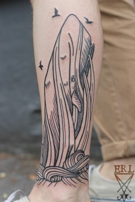 Black fine lines whale forearm tattoo