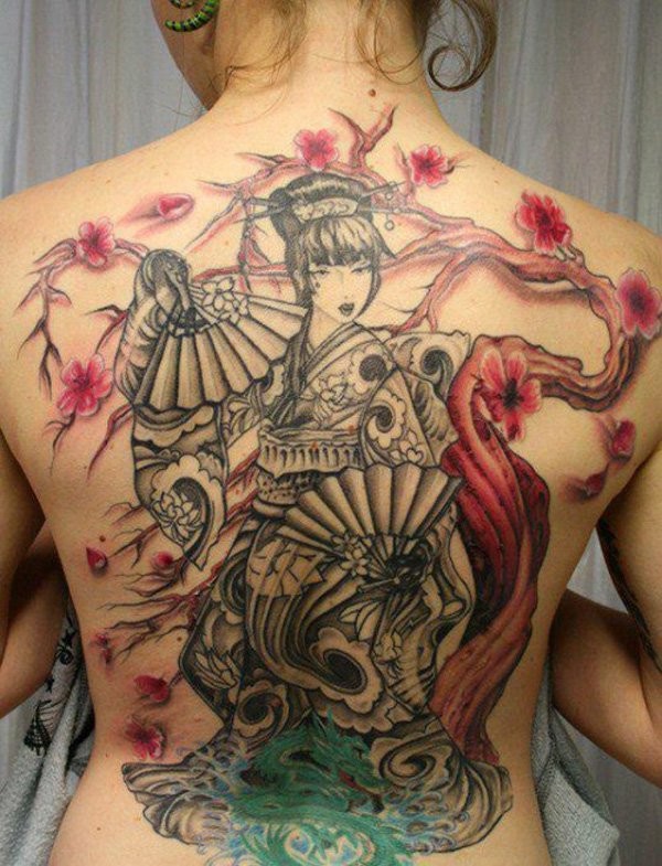 Black geisha and red tree tattoo on back