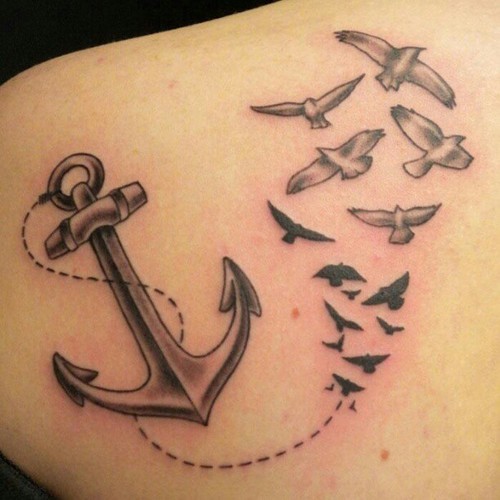 Black gray anchor with birds tattoo
