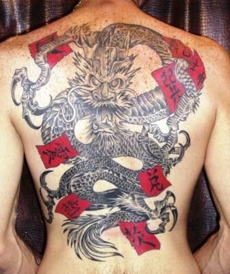 Black gray japanese dragon with red flags tattoo on back