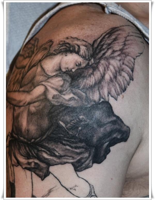 Black gray saint michael tattoo on half sleeve