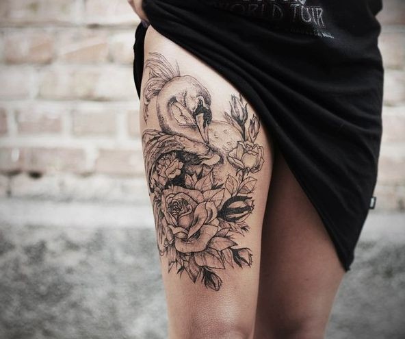 Black gray white swan and roses tattoo on thigh for women