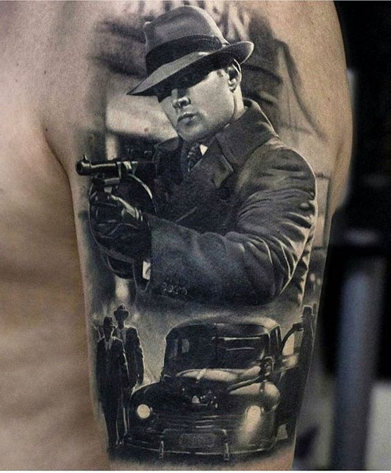 Black grey gangsters and car tattoo for men