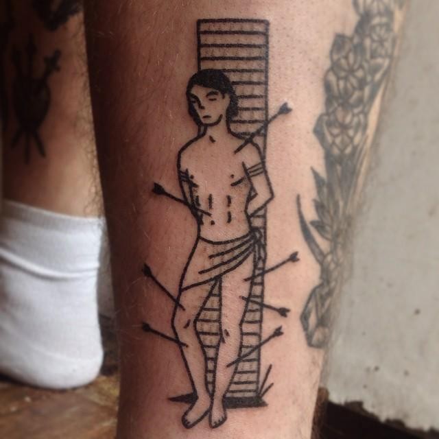 Black ink amazing looking leg tattoo of man with arrows
