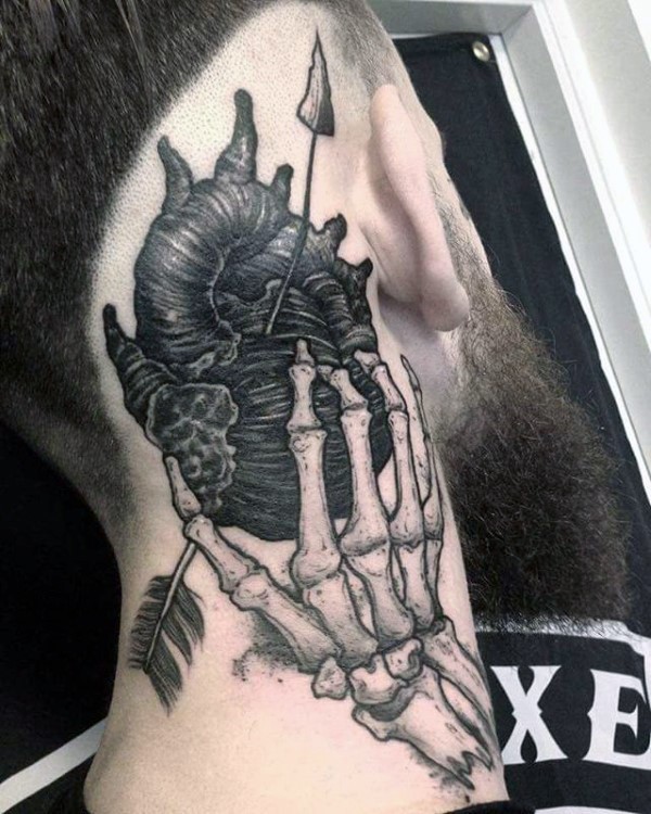 Black ink amazing looking neck tattoo of skeleton hand holding human heart with arrow