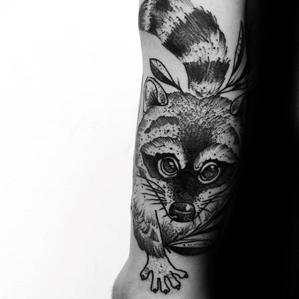 Black ink arm tattoo of cute looking raccoon