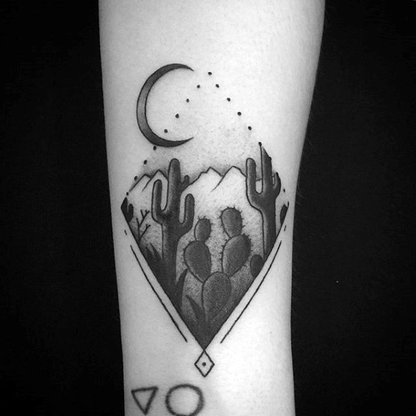 Black ink arm tattoo of geometrical Egypt picture with moon