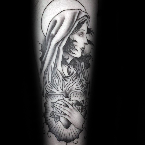 Black ink arm tattoo of woman with heart and flowers