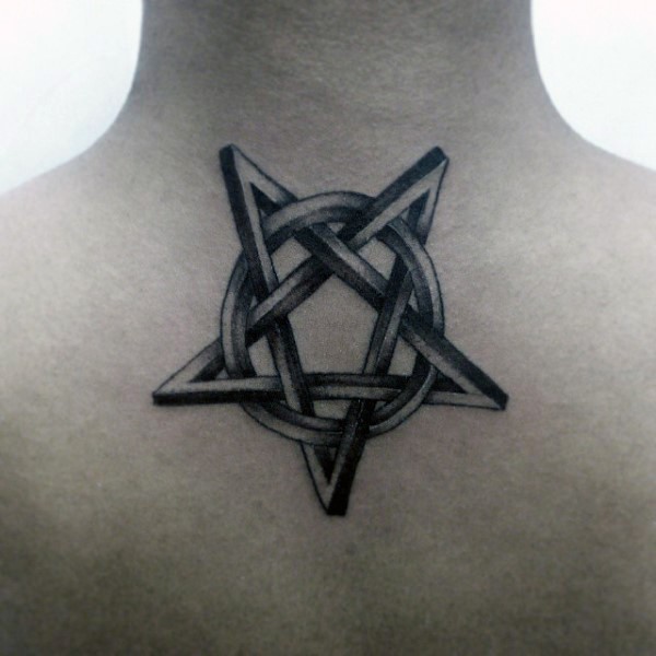 Black ink back tattoo of demonic star with circle