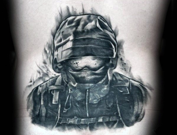 Black ink back tattoo of modern soldier