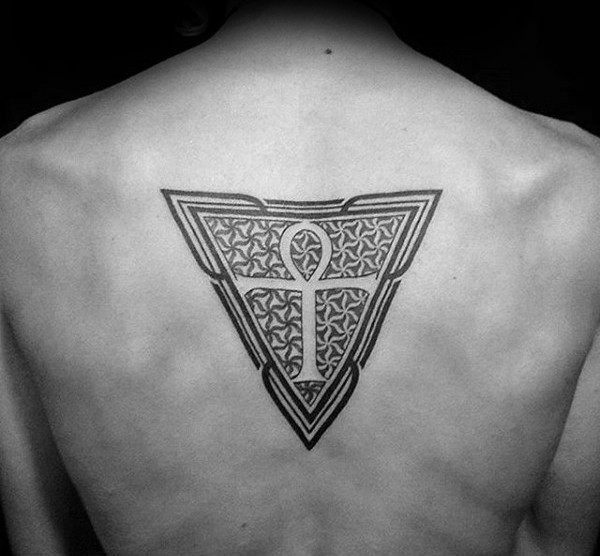 Black ink back tattoo of triangle with Egypt symbol