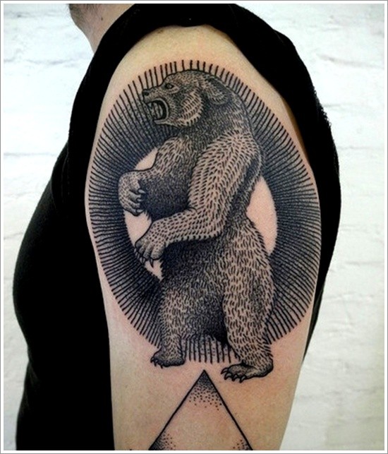 Black ink bear tattoo on half sleeve for men