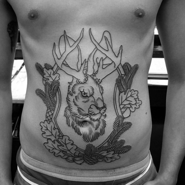 Black ink belly tattoo of deer head with leaves