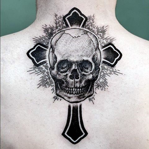Black ink big very detailed upper back tattoo of human skull and cross