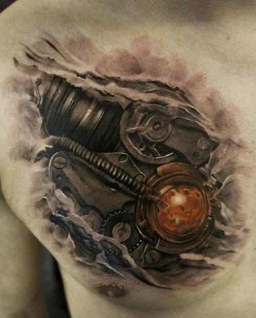 Black ink biomechanical style chest tattoo of heart