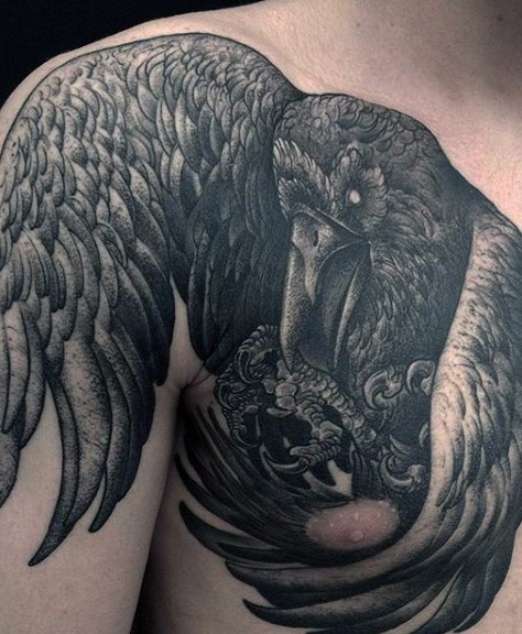 Black Ink Chest And Shoulder Tattoo Of Big Creepy Crow Tattooimages
