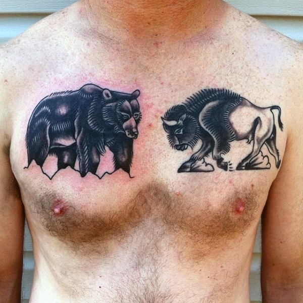 Black ink chest tattoo of ancient bear with grunting ox