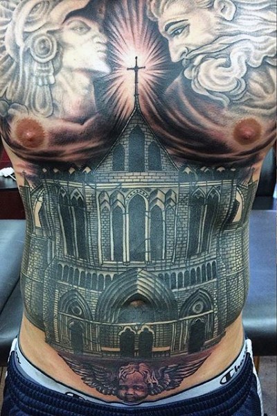 Black ink chest tattoo of big dark catherdral